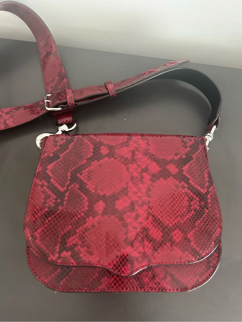 Rebecca Minkoff Red Python Embossed Leather Saddle Crossbody Snake Print Bag